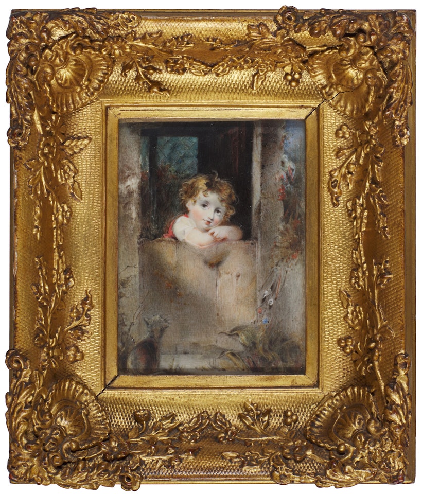 Portrait of a child at the stable door by English School
