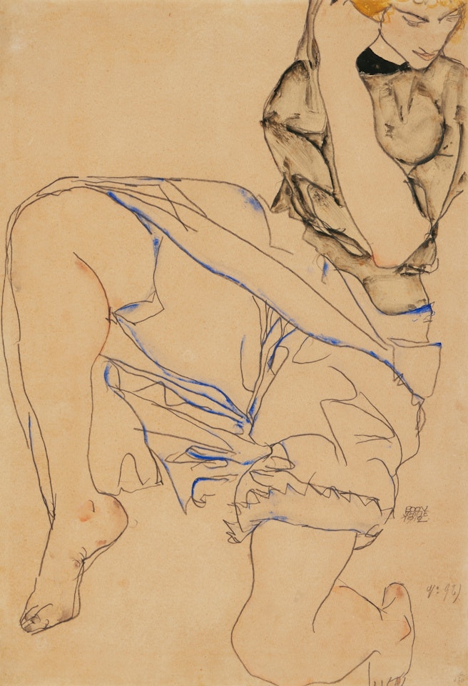 Frau mit blondem Haar und blauem Gewand (Woman with Blond Hair and Blue Garment) - recto Sitzende Frau mit geneigtem Kopf (Seated Woman with Bent Head) - verso by Egon Schiele