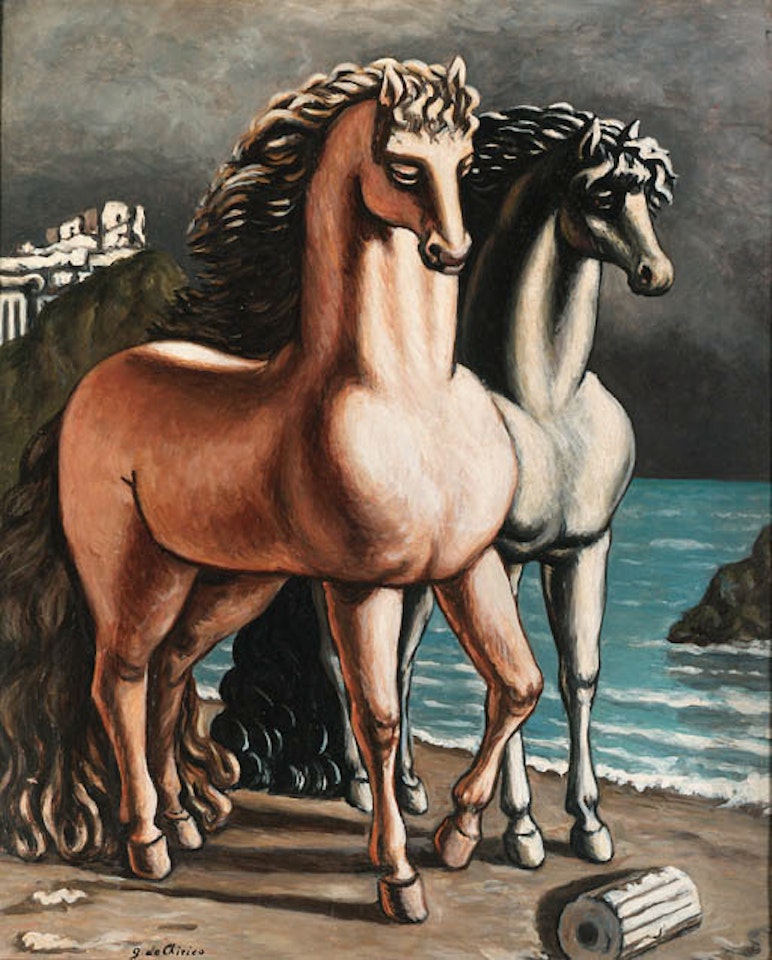 Due cavalli antichi in riva al mare by Giorgio de Chirico