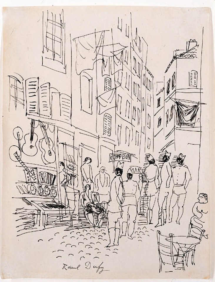 Rue a Marseille avec des soldats senegalais et prostituees by Raoul Dufy