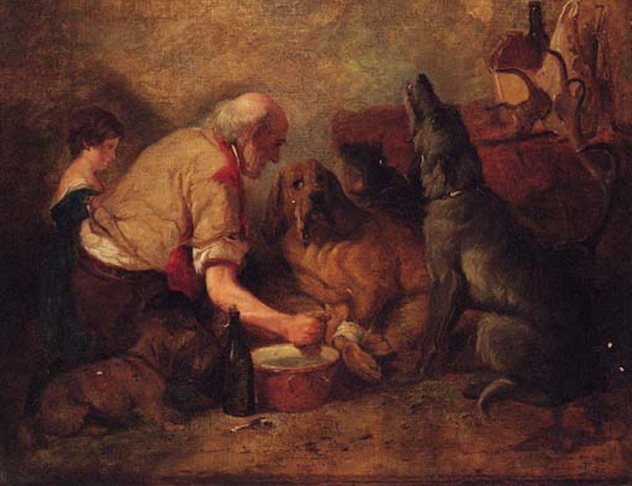 The wounded companion, man tending dog by Richard Ansdell