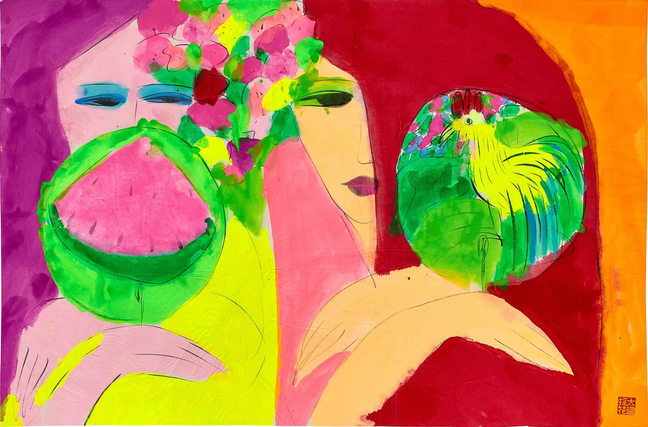 Two ladies with fans by Walasse Ting