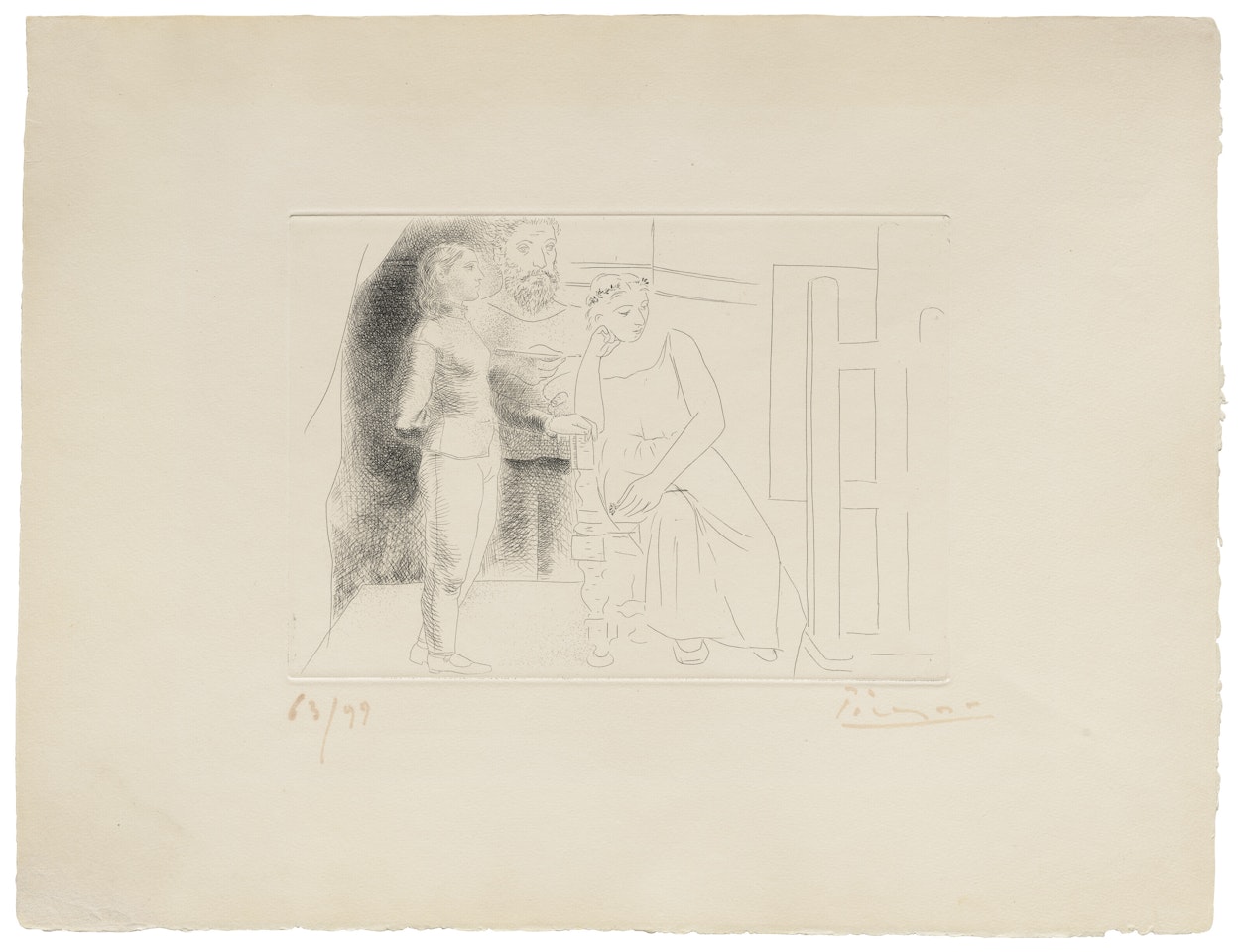 Peintre avec deux modèles regardant une toile, from: Le Chef-d'Oeuvre Inconnu by Pablo Picasso