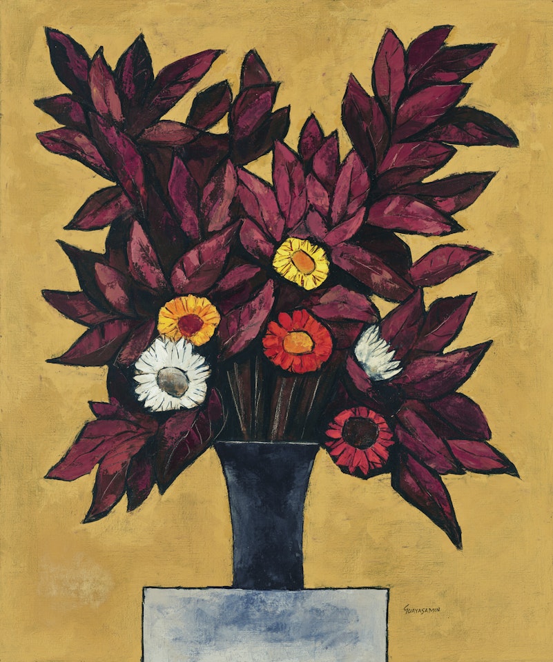 Red Flowers on Gold Ground by Oswaldo Guayasamin