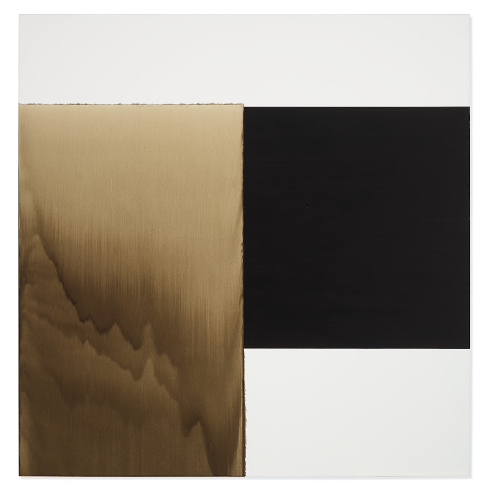 Exposed Painting Charcoal Grey Yellow Oxide by Callum Innes