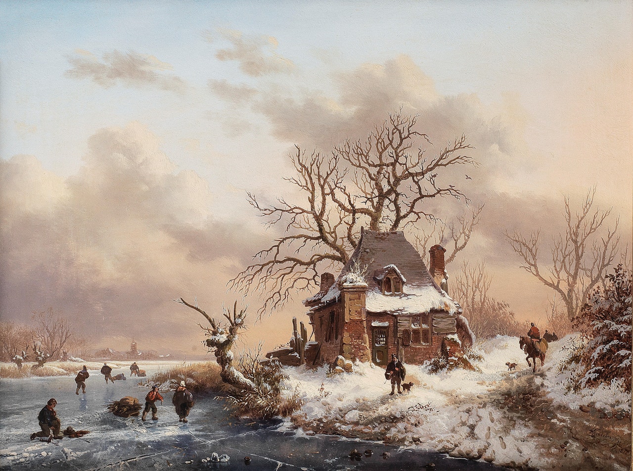Winter landscape with travellers near a farm by Fredrik Marinus Kruseman