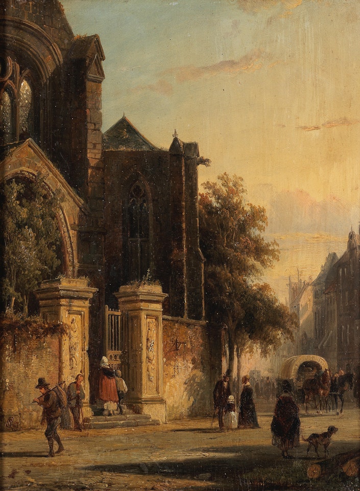 A busy street corner by Cornelis Springer