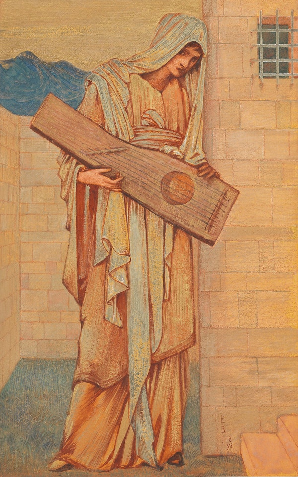 The Answering String A standing female holding a Cithern in the green court of a building by a barred window, figure taken from a study for The Last Sleep of Arthur in Avalon by Edward Coley Burne-Jones