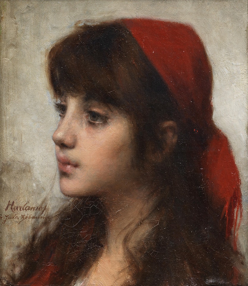 Young beauty in a scarlet shawl by Alexei Harlamoff