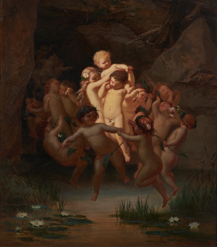 A Festive Group of Putti Above a Woodland Pool by Continental School