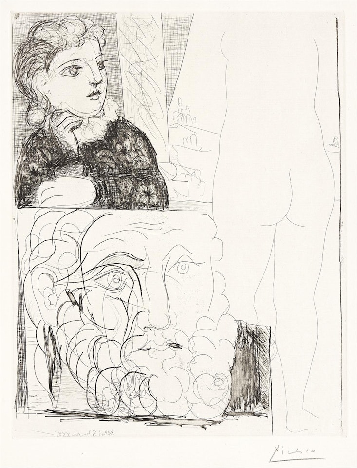 Femme accoudée, Sculpture de Dos et Tête barbu by Pablo Picasso