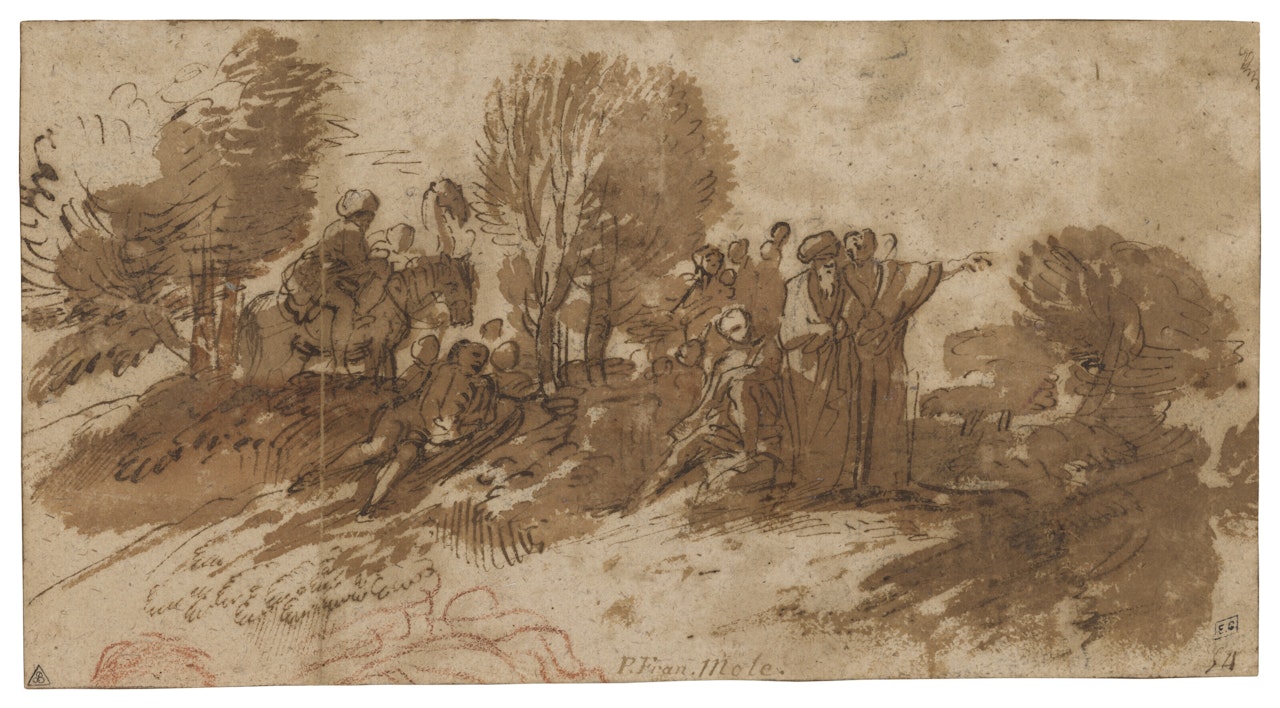 Voyageurs orientaux s"arrêtant près d"un bosquet d"arbres ( recto ) ; Esquisse architecturée ( verso ) by Pier Francesco Mola