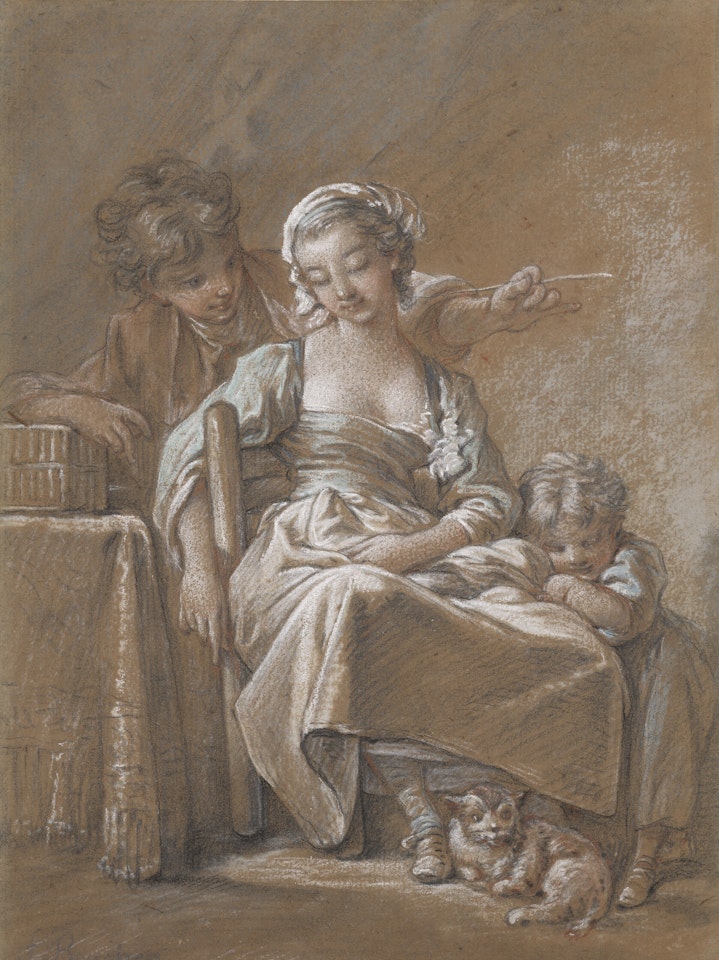 Jeune homme chatouillant une jeune fille assoupie avec un fétu de paille entourée de deux enfants et d'un chat by Francois Boucher