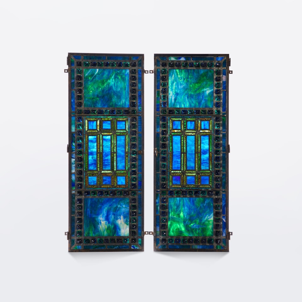 Pair of Geometric and Jeweled Windows by Tiffany Studios
