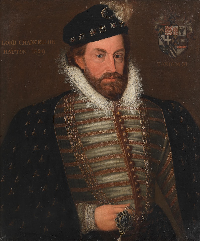 Portrait of Sir Christopher Hatton, half-length, holding a cameo of Queen Elizabeth I by English School