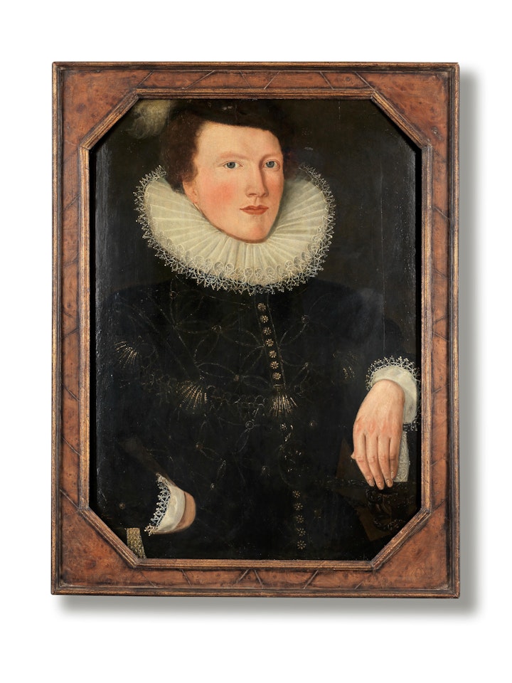 Portrait of a young Chevalier, half-length, wearing the Chain and Cap of the Order of Saint Michael, half-length, with an embroidered glove and sword by French School