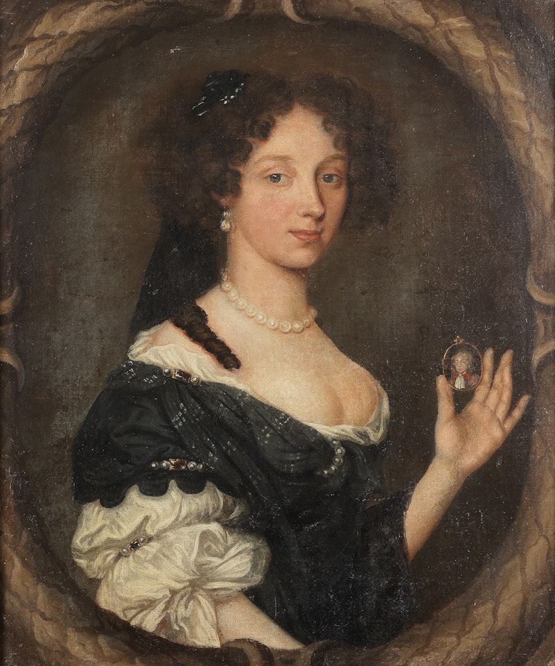 Portrait of a lady, said to be Ann Curren, half-length, holding a portrait miniature of a boy, within a stone cartouche by English School