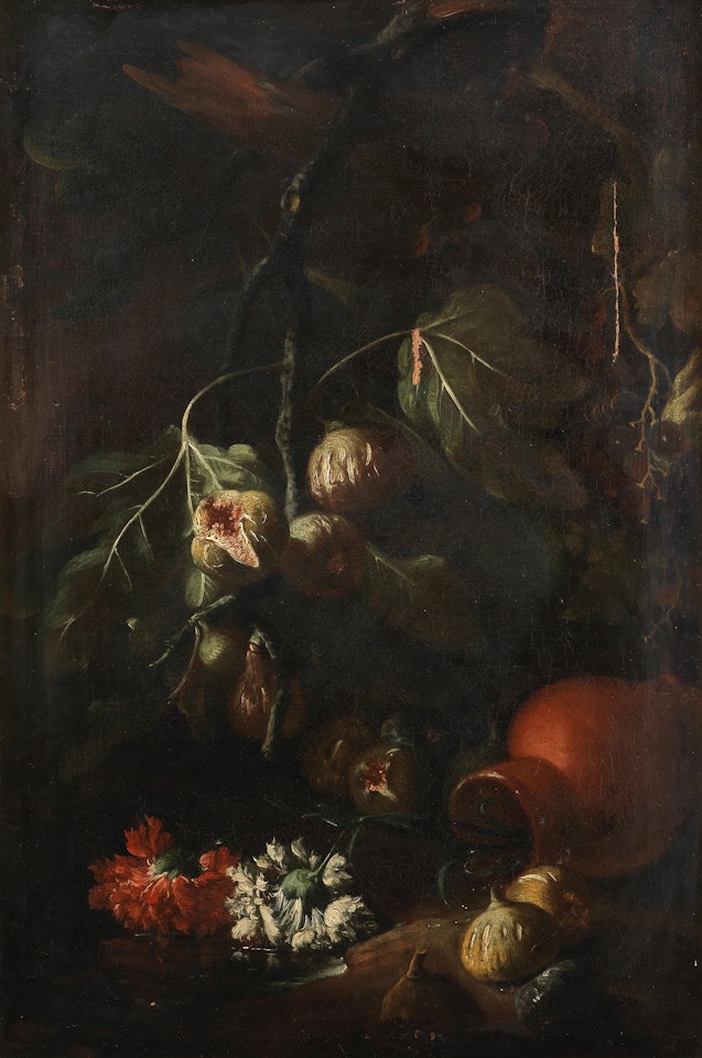 Figs beside an overturned earthenware jug of carnations; and Grapes with roses in an earthenware jar alongside some figs by Neapolitan School