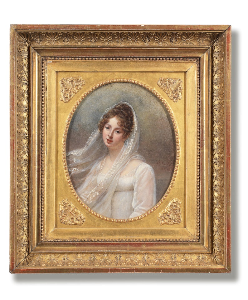 Portrait of a lady, half-length, in a white dress and headdress by French School
