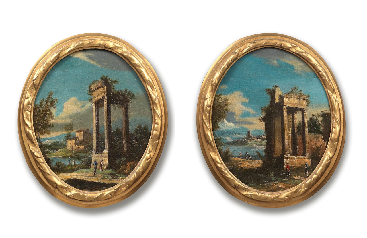Figures before ruins, a river beyond; and Classical ruins with figures on the shore beyond by Venetian School