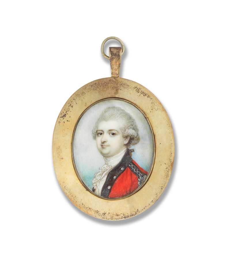 A portrait miniature of an officer, wearing red coat with black collar and epaulettes over his white waistcoat, chemise and cravat, his hair powdered and tied with black ribbon by Richard Cosway