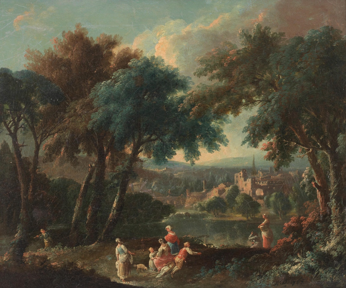 Figures by a lake in a wooded landscape by French School