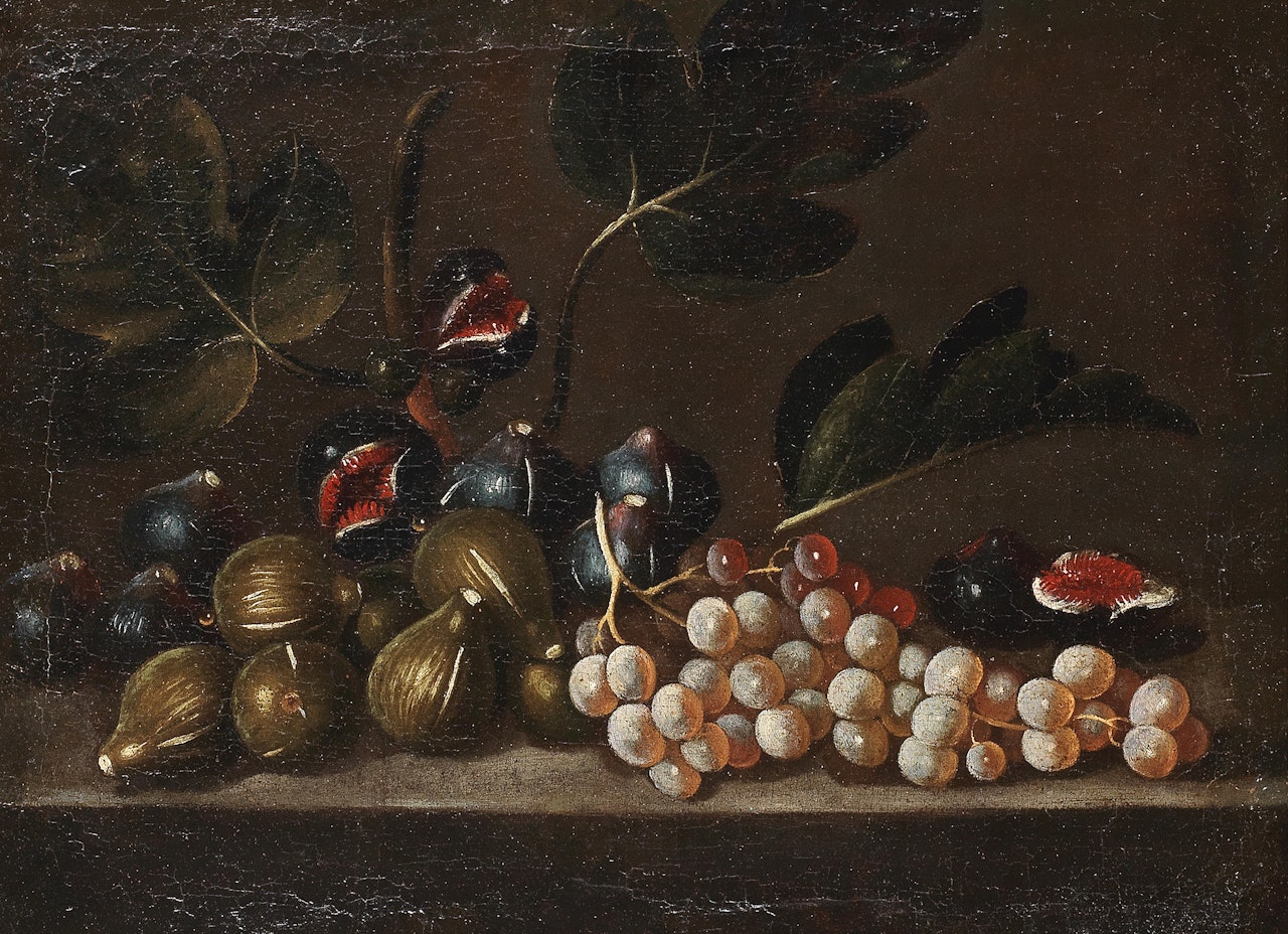 Figs and grapes on a stone ledge by Roman School