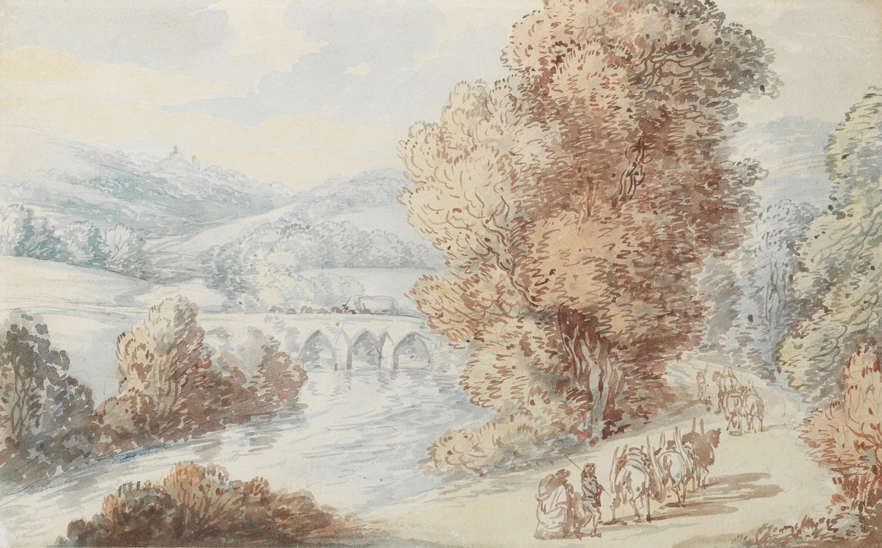 Polson Bridge near Launceston with pack ponies on a road by Thomas Rowlandson