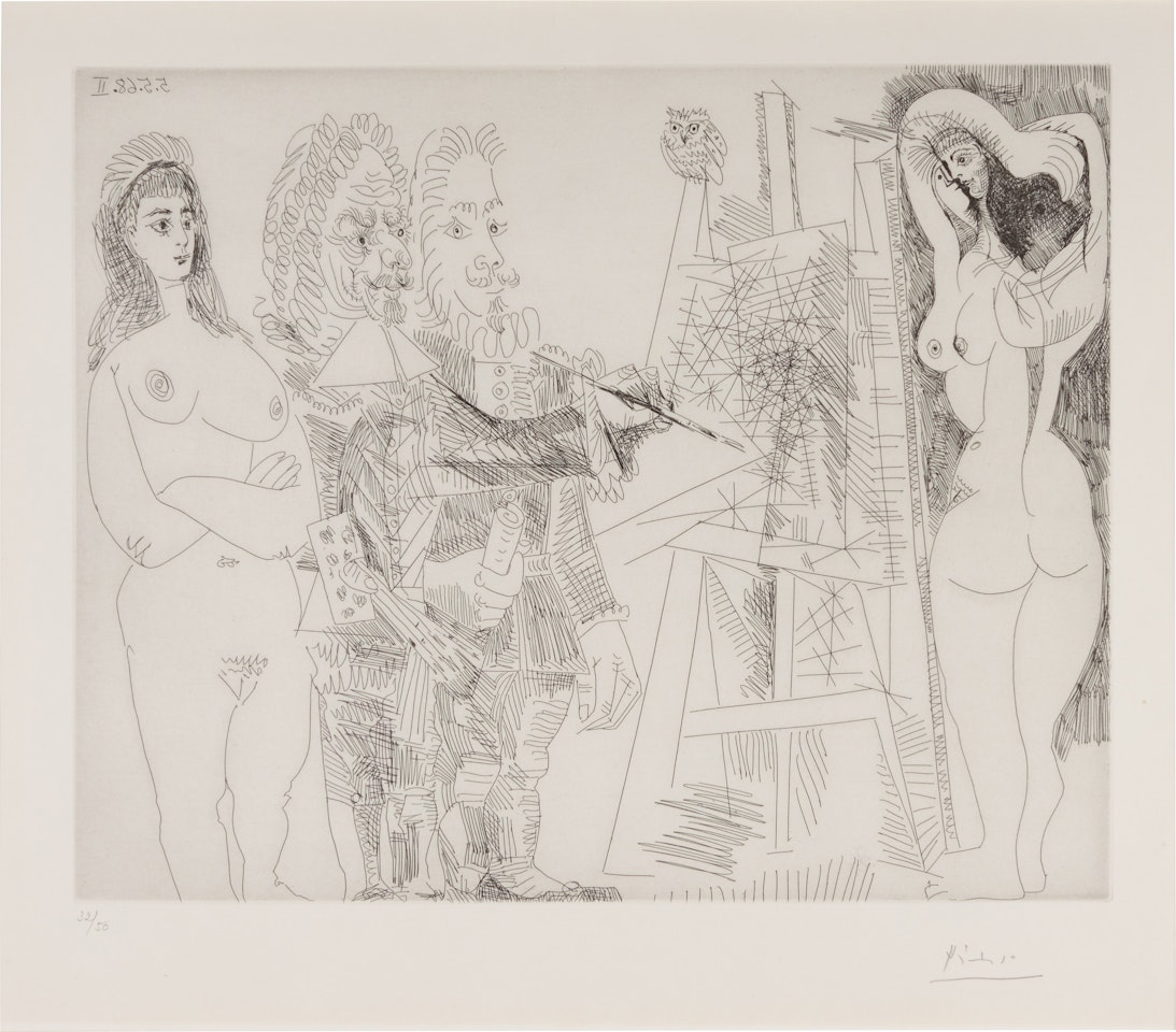 L'Atelier, avec un hibou et un envoyé officiel (B. 1545; Ba. 1561) by Pablo Picasso