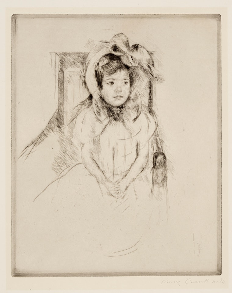Margot Wearing a Large Bonnet, Seated in an Armchair by Mary Cassatt