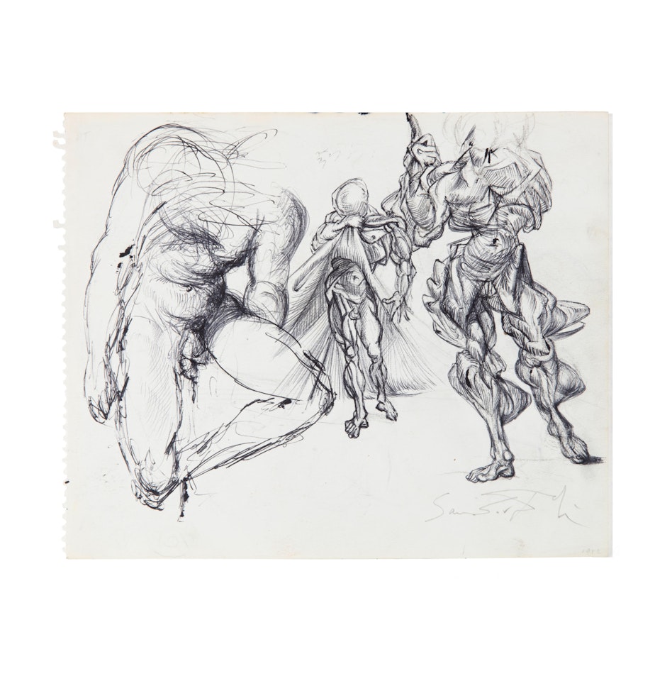 Étude de figures masculines (recto); Trois érotiques et Etude pour Vitesse maximale de la vierge de Raphaël (verso) by Salvador Dali