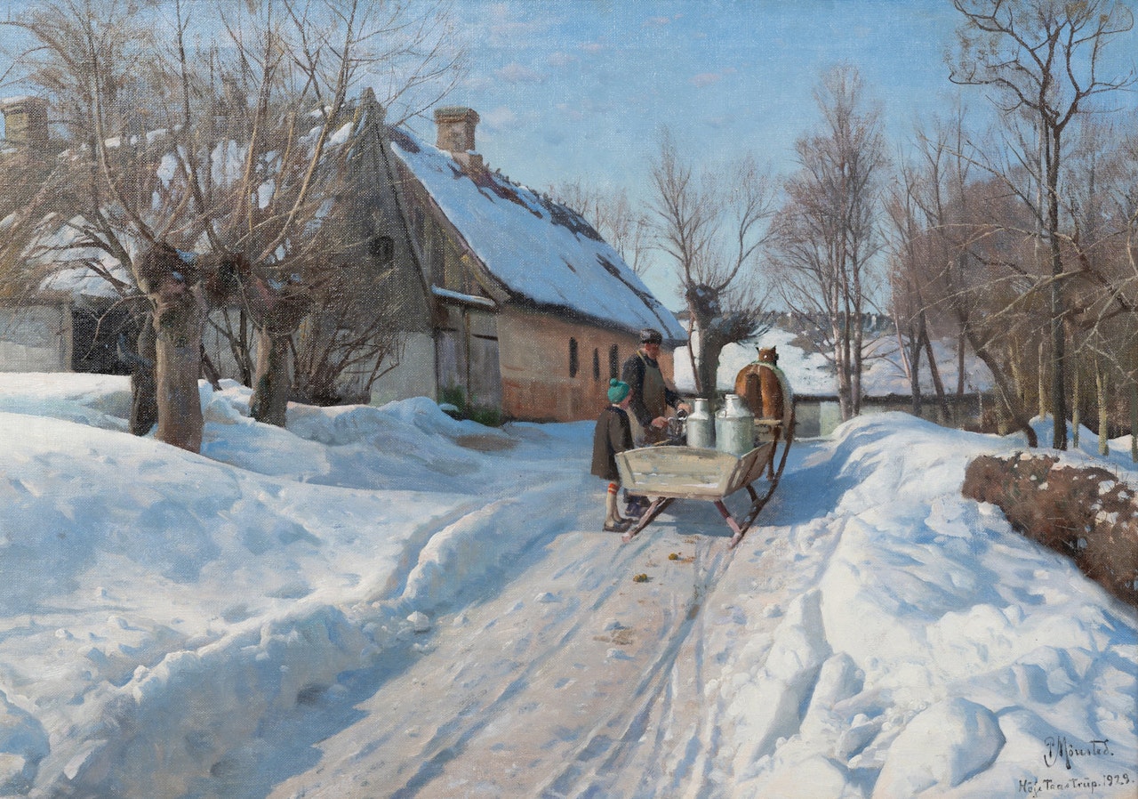 Winter landscape with a milkman in Høje Taastrup by Peder Mork Monsted