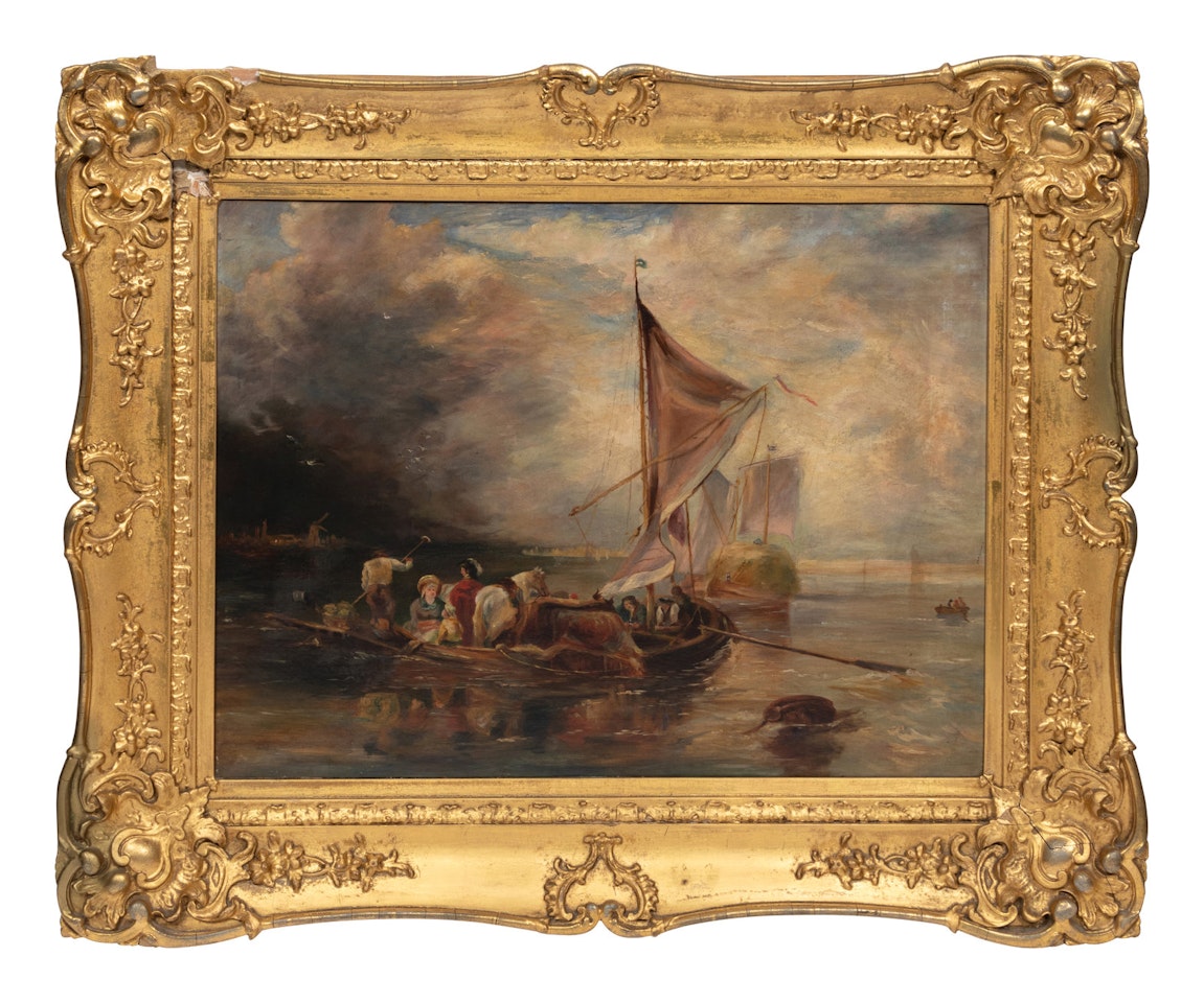 Figures in a Low Boat Along the Shoreline by French School