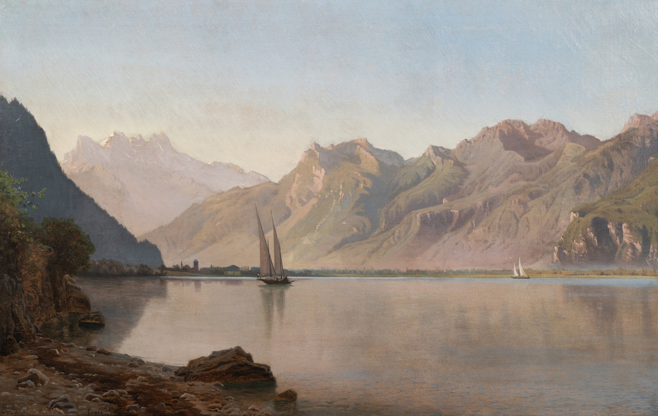 Mountain Lake with Sailboats by Peder Mork Monsted
