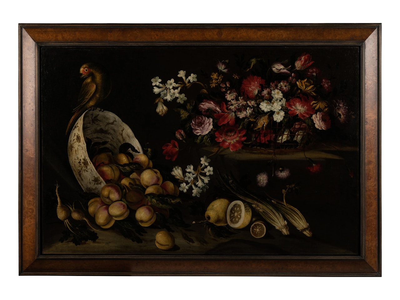 Still Life with Parrot, Bowl, Flowers and Fruit by Continental School