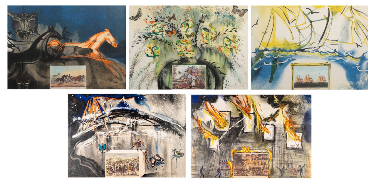Five Prints from Currier & Ives as Interpreted by Salvador Dali (including New York Central Park Winter; American Trotting Horses No. 2; Les Fleurs et Fruits; American Yachting Scene; Fire! Fire! Fire!) by Salvador Dali