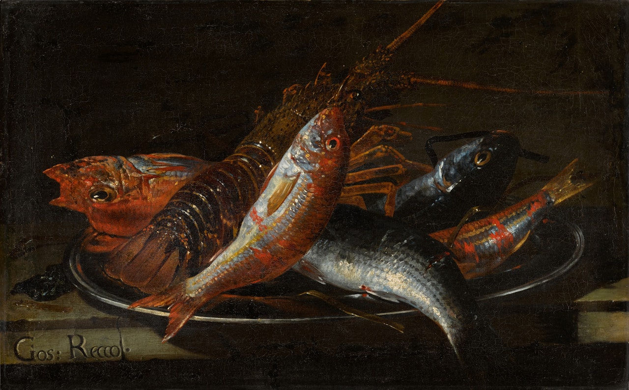Still life of fish and a lobster on a platter, on a stone ledge by Giuseppe Recco