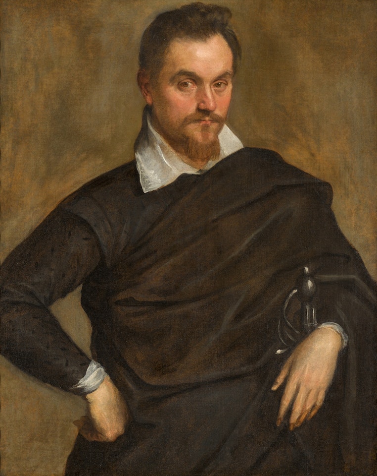 Portrait of a man, three-quarter-length, wearing a black costume with a white collar by Jacopo Palma il Giovane