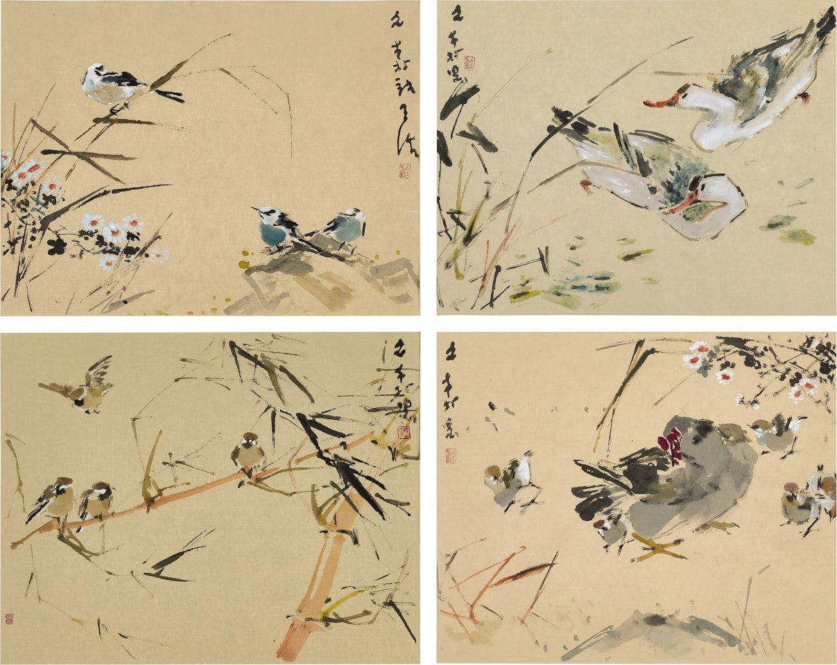 i) Birds and flowers (ii) Ducks (iii) Sparrows on branches (iv) Hen and chicks  by Chen Wen Hsi