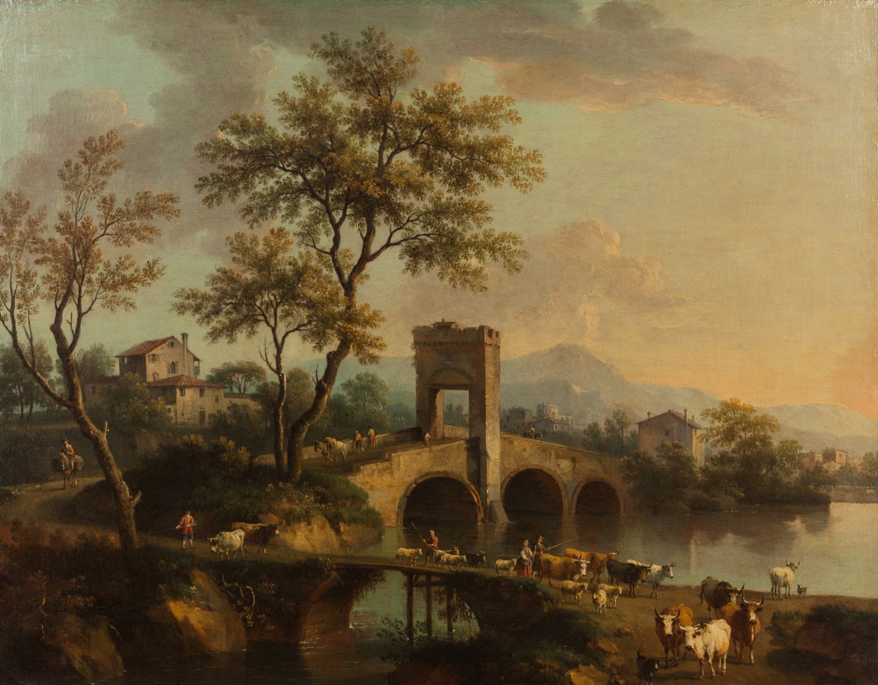 Landscape along the Brenta with a stone bridge, shepherds and herds by Giovanni Battista Cimaroli
