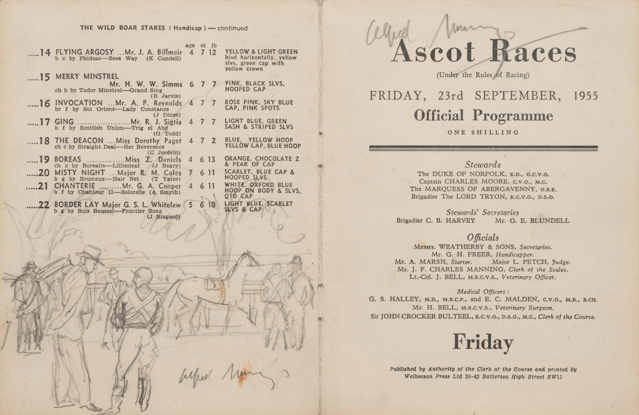 Ascot Race Card with a Sketch of Jockeys and Owners by Alfred James Munnings