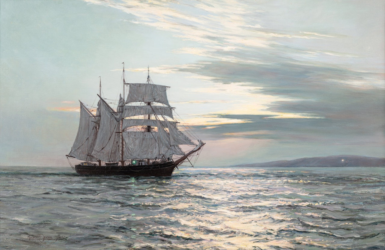 The Three-Masted Canadian Schooner "Water Witch" at Sunset by Montague Dawson