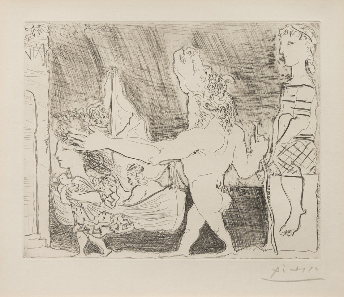 Minotaure aveugle guidé dans la nuit par une petite fille au pigeon (from La Suite Vollard) by Pablo Picasso