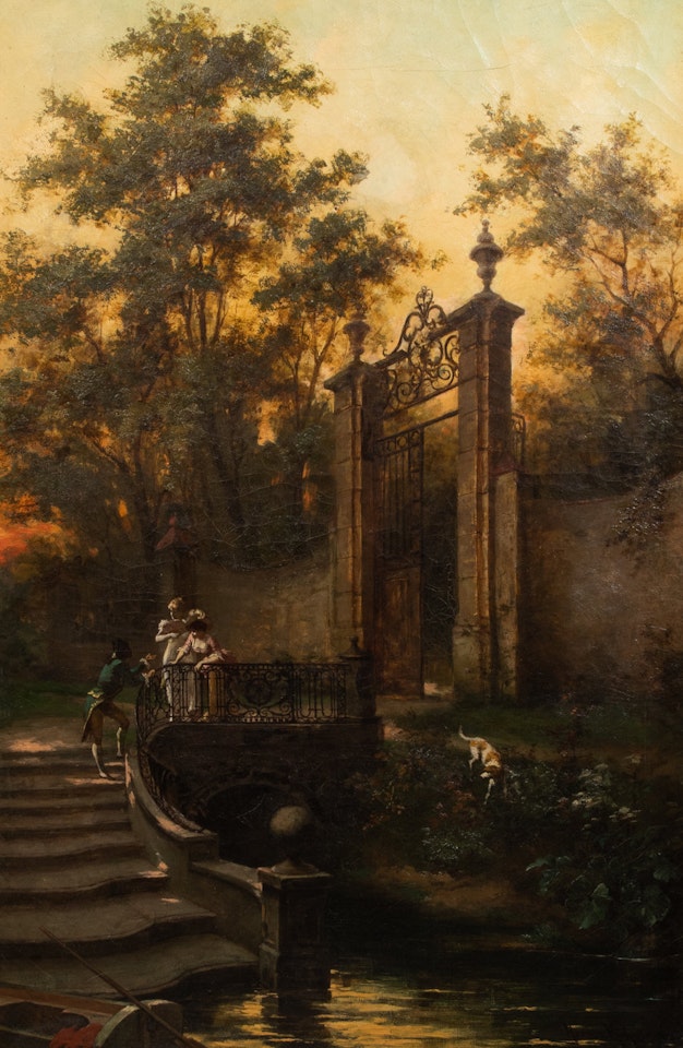 Untitled (Figures on Garden Bridge) by Continental School