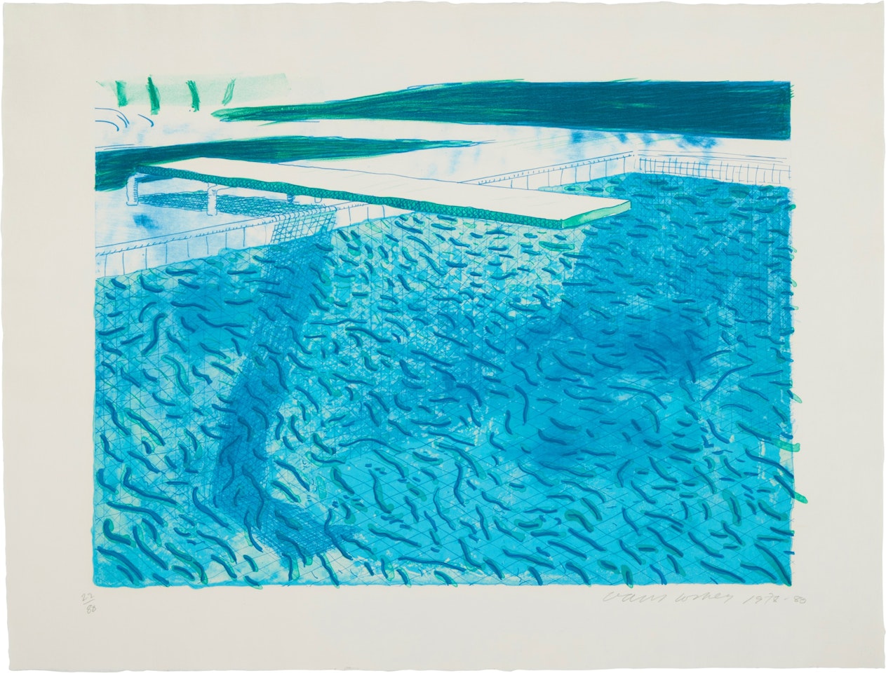 Lithograph of Water Made of Thick and Thin Lines, a Green Wash, a Light Blue Wash, and a Dark Blue Wash by David Hockney