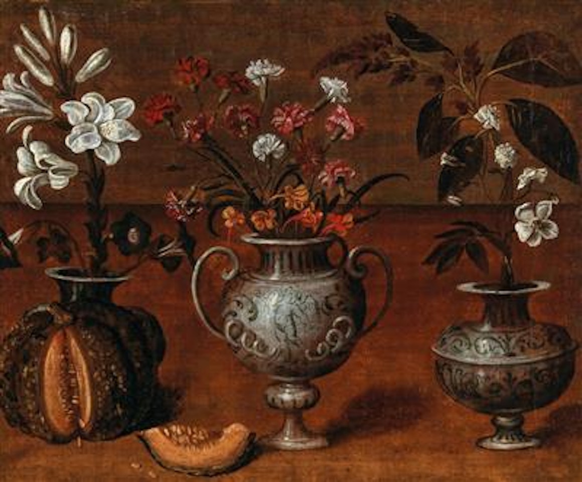 Vases with lilies, carnations and other flowers on a wooden ledge, with a pumpkin on the left by Spanish School