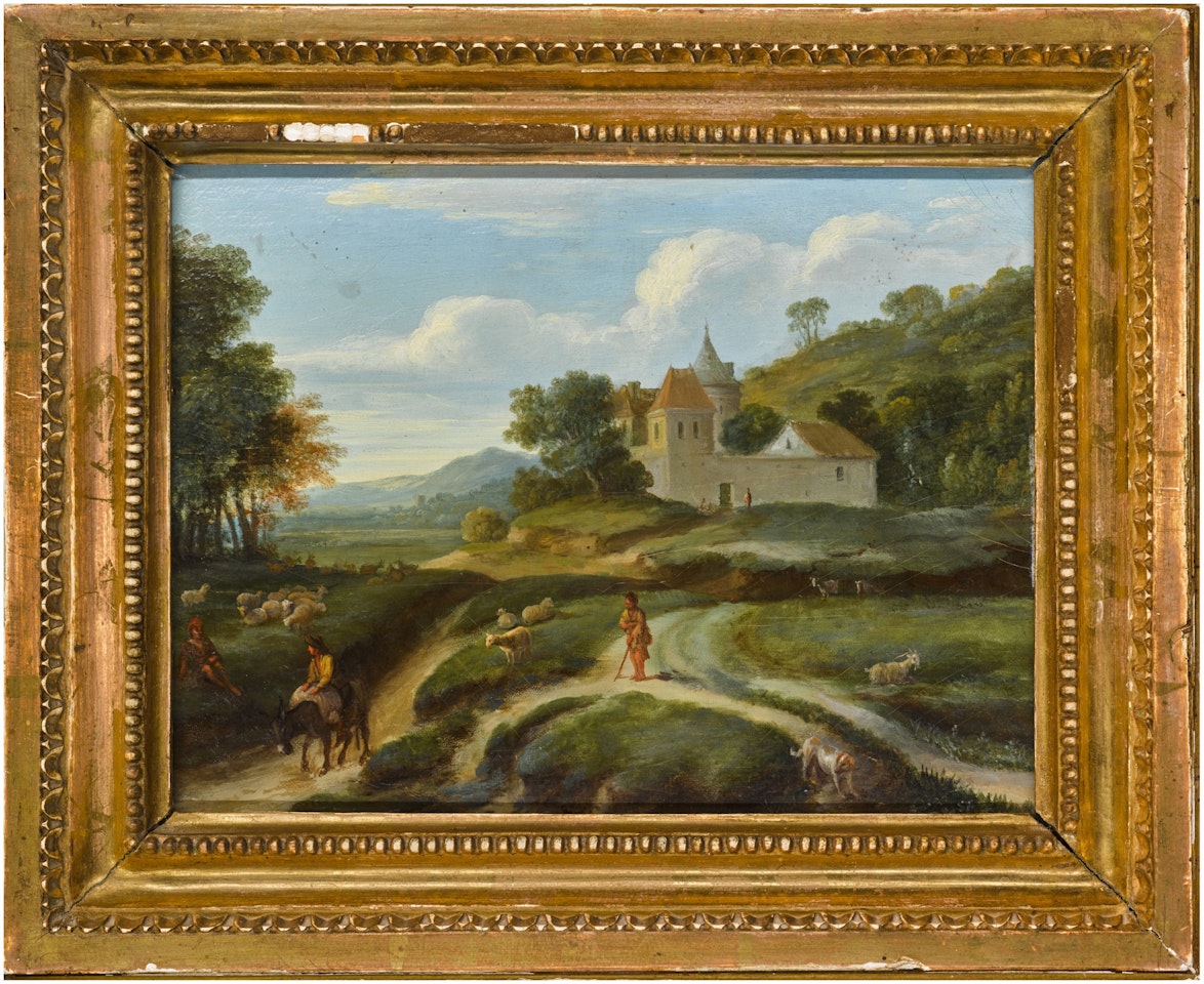 A landscape with sheep and drovers by a castle by Dutch School