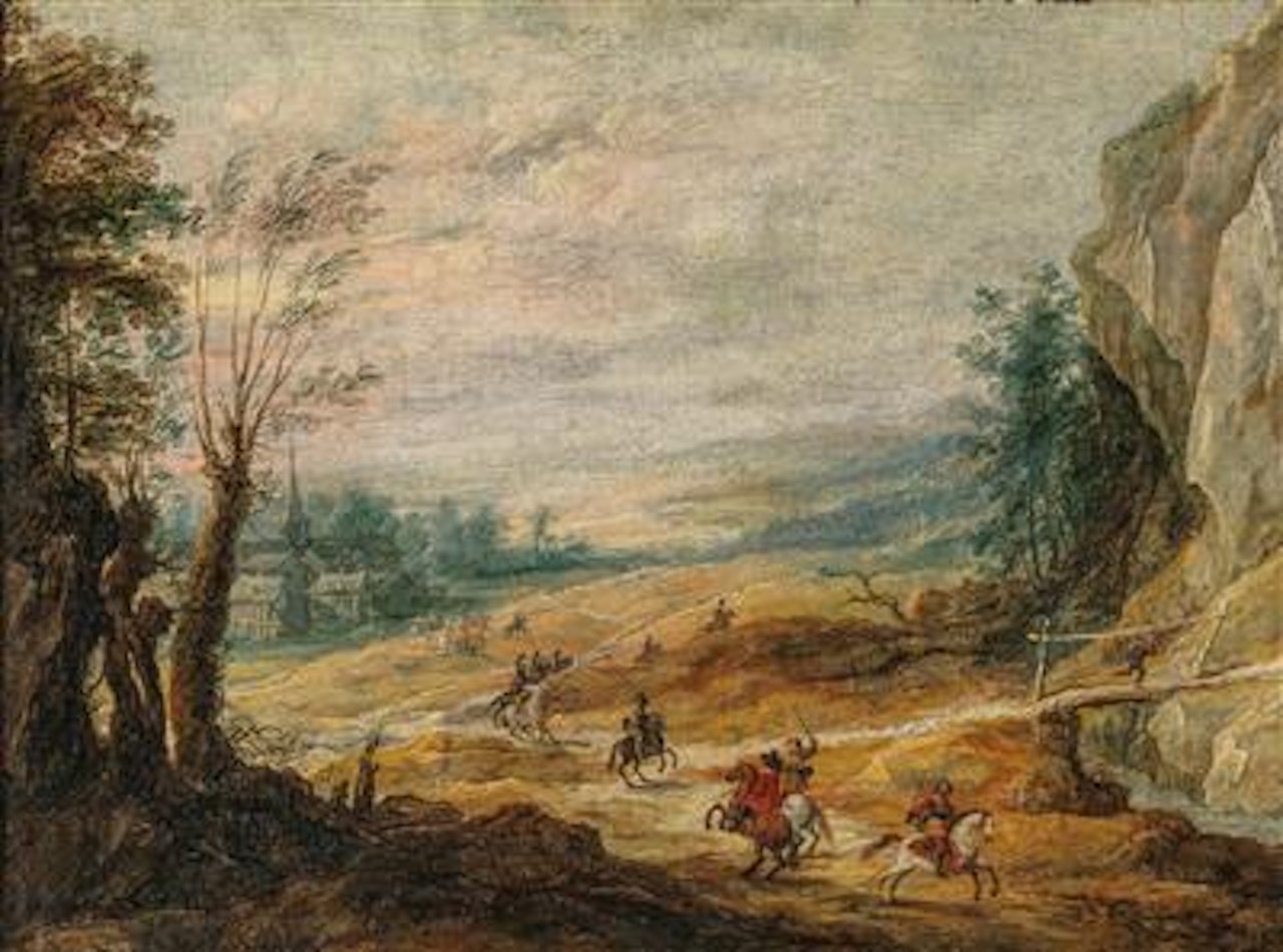 An extensive mountainous landscape with horsemen chasing a thief by Joos de Momper the Younger