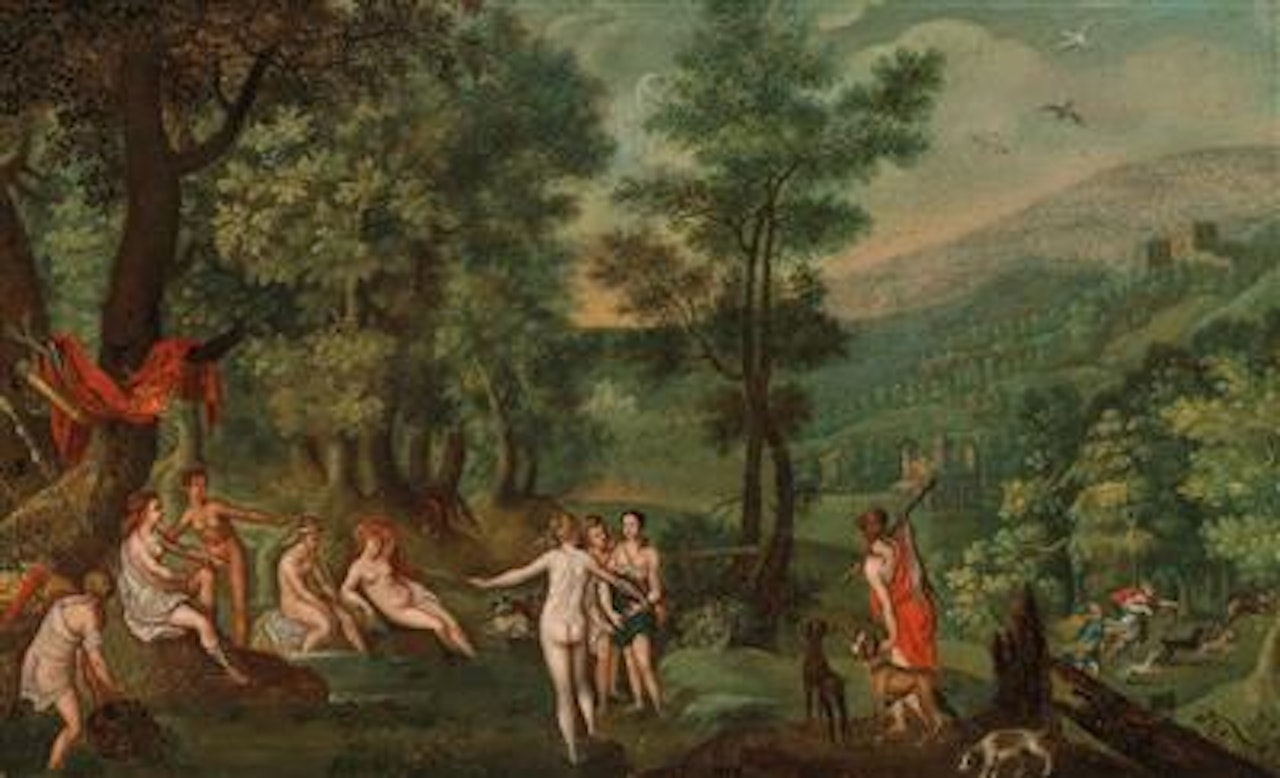 A landscape with Diana and her Nymphs hunting by Flemish School