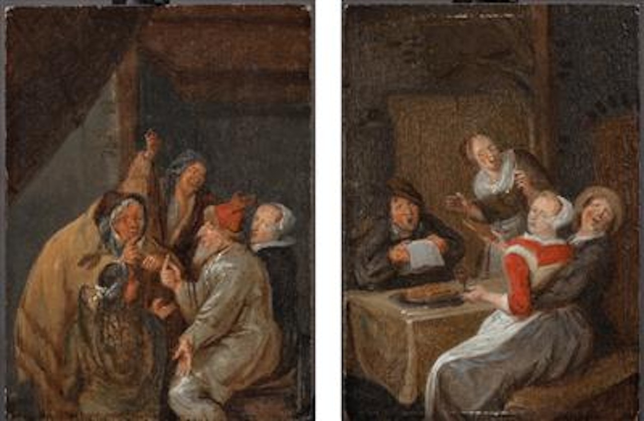 A man offering money to an elder woman;; Figures singing and smoking in a tavern by Jan Miense Molenaer